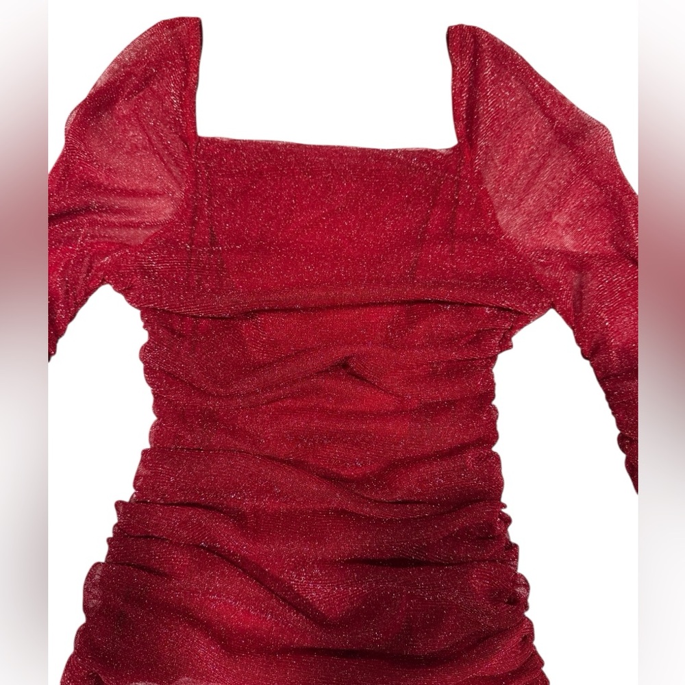 SHEIN Vibrant Bling Sparkle Semi Sheer Ruched Long Sleeve Red Top 2XL - Picture 3 of 8